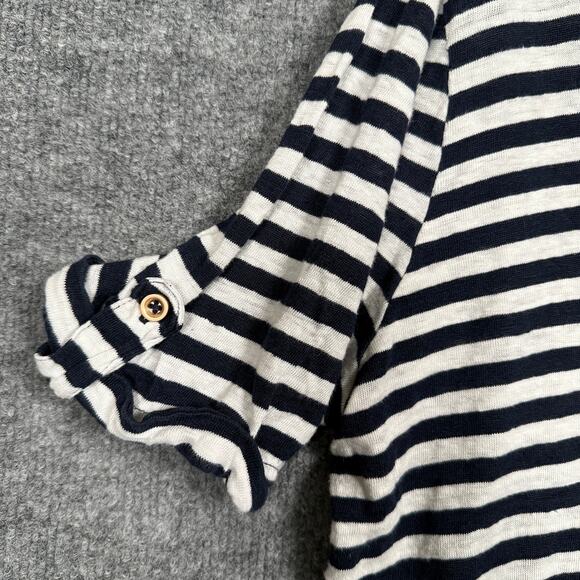 Chico's Size 3 Striped Linen Utility Tee Black White Roll Tab Sleeve Half Button - Picture 5 of 9